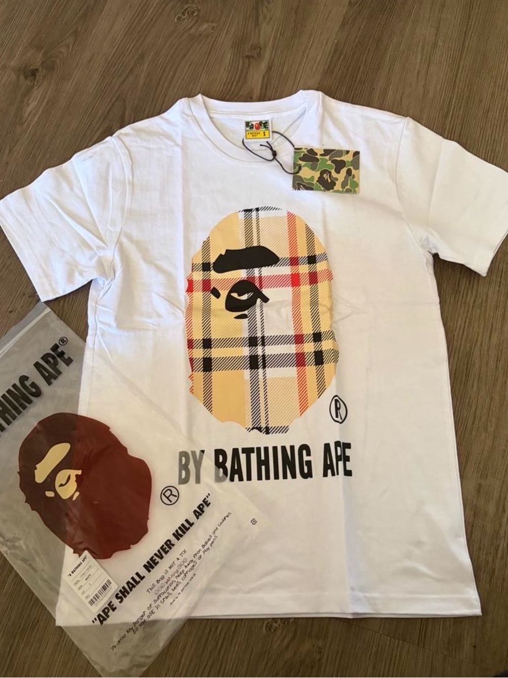 Bape White Tee with Beige Plaid Ape Head Graphic